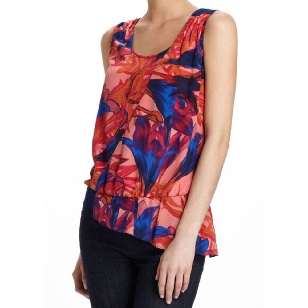 Leifsdottir Tropical Floral Asymmetrical Mixed Media Sleeveless Blouse Silk4